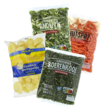 Fijngesneden boerenkool of
andijvie zak à 500 gram,
hutspot of Poldergoud geschilde aardappeltjes zak a 1000 gram